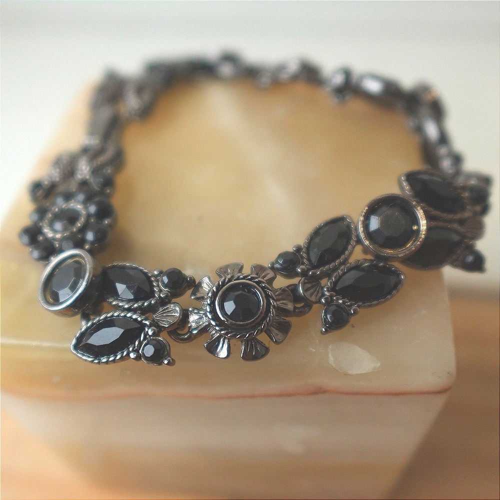Y2K Black Rhinestone Bracelet Gothic Glam Slate Silver Tone Fold‎ Over Clasp